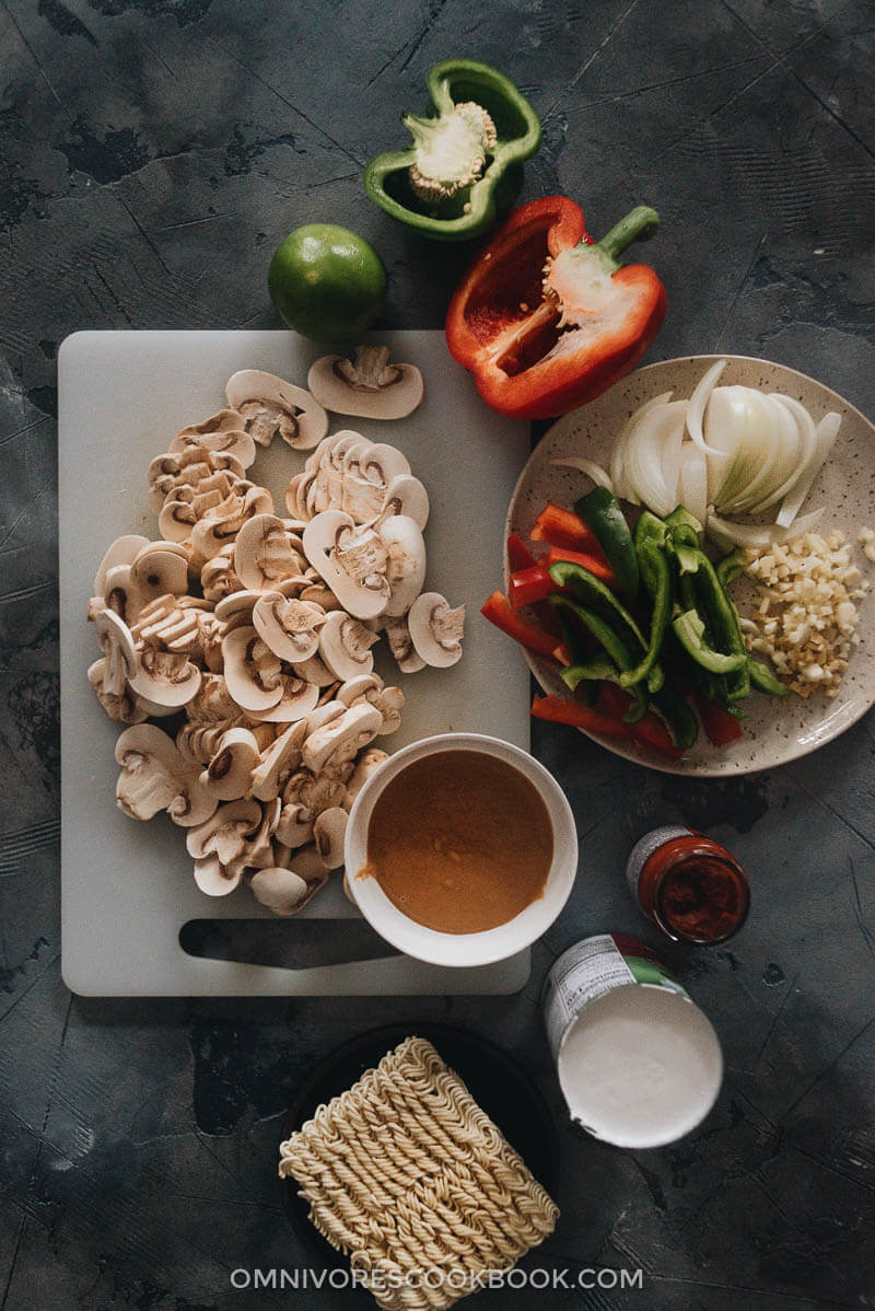 Ingredients for making Thai peanut butter ramen