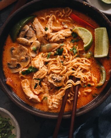 Thai peanut butter ramen in a bowl close up