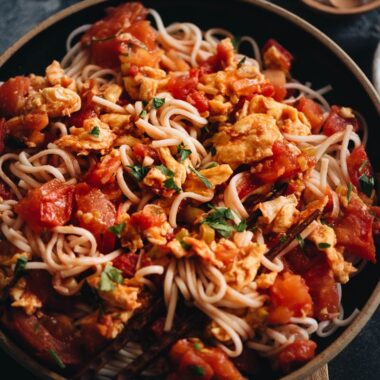 Tomato egg noodles close-up