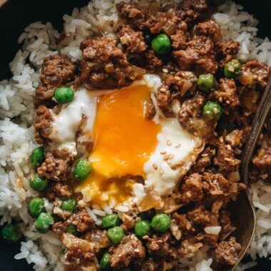 Cantonese ground beef bowl close-up