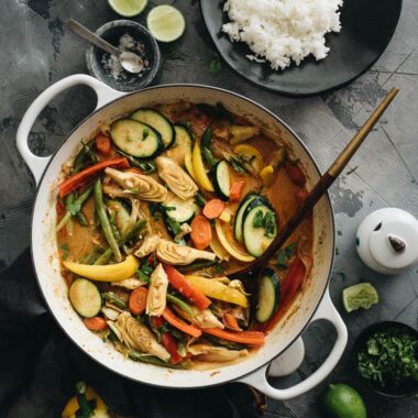 Vegetarian Thai curry in dutch oven with a plate of rice on the side