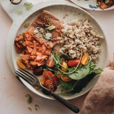 Moist flaky sous-vide salmon with Asian sauce served with brown rice and salad