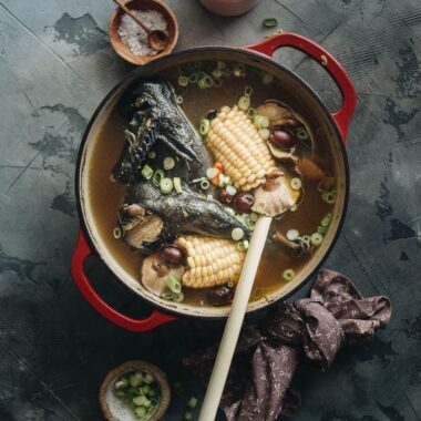 Chinese silkie chicken soup served in a dutch oven
