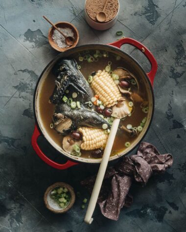 Chinese silkie chicken soup served in a dutch oven