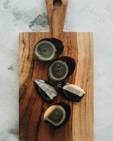 Century eggs on a cutting board