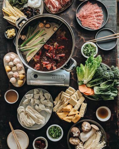 Spread of a Chinese hot pot party feast