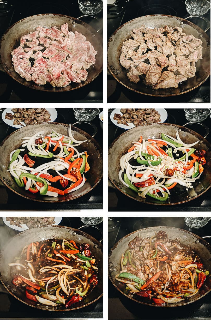 Easy Szechuan Beef Stir Fry - Tender crispy beef cooked in a bold sweet sour spicy sauce with peppers and onions. Learn how to make the richest sauce and create crispy beef without deep-frying. {Gluten-free adaptable} Szechuan beef stir fry cooking process