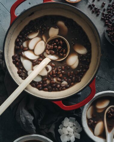 Chinese red bean soup in a pot close up