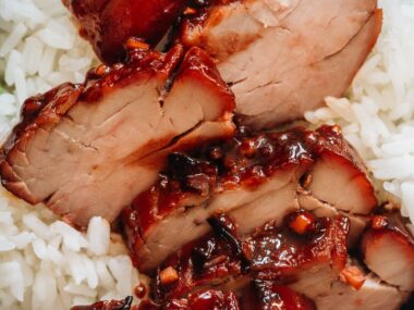 Char siu pork served on steamed rice close-up