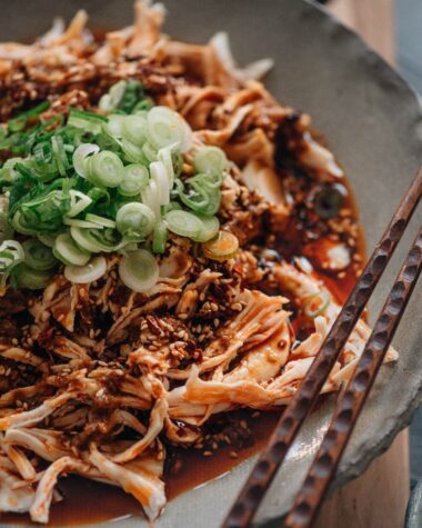 Sichuan-style shredded chicken in red oil close-up