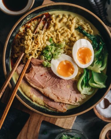 Curry ramen topped with leftover ham