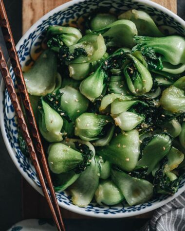 Baby bok choy stir fry close-up