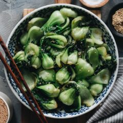 4-Ingredient Baby Bok Choy Stir Fry | Pair this quick and easy side dish with your favorite main and some steamed rice to complete a nutritious meal. This dish takes 15 minutes to whip together. The baby bok choy is cooked until tender, then soaked with a garlicky sauce that’s savory and lightly sweet. It’s such a great way to enjoy vegetables. {Vegan, Gluten-Free Adaptable}