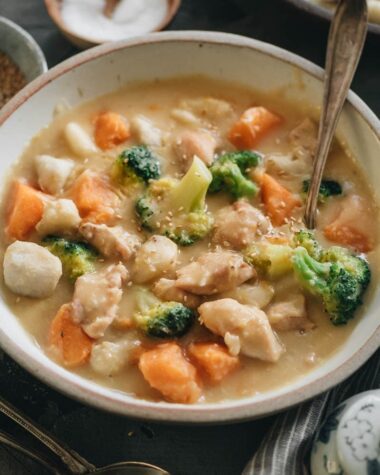Creamy chicken sweet potato stew close-up