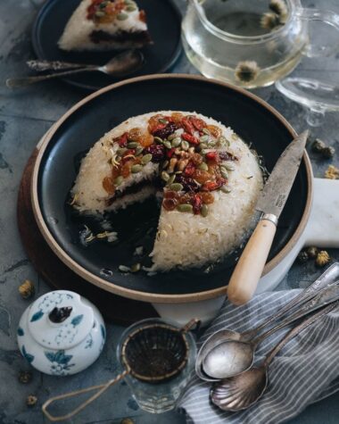 Sliced eight treasure rice with red bean paste