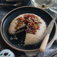 Eight Treasure Rice (八宝饭, Chinese Rice Pudding) | Lightly sweetened sticky rice stuffed with red bean paste and topped with dried fruits and seeds, then served with a fragrant chrysanthemum syrup that has an amazing earthy aroma. The modernized version tastes so good and uses ingredients that are easy to source. And the cooking is quite simple. It’s a light and healthy dessert that is perfect to serve at the end of a meal. {Vegan, Gluten-Free}