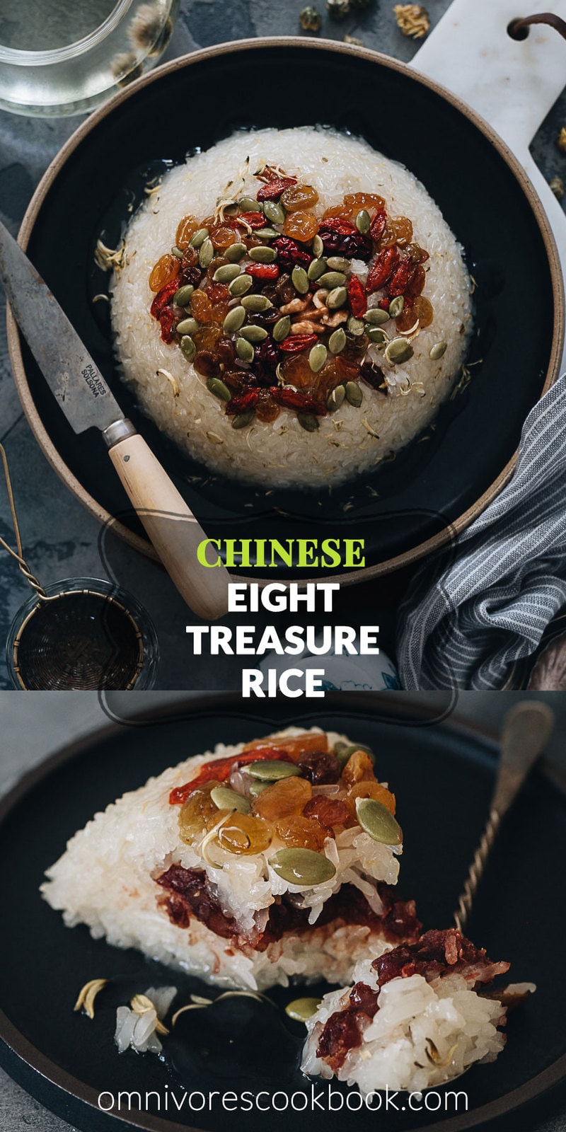 Eight Treasure Rice (八宝饭, Chinese Rice Pudding) | Lightly sweetened sticky rice stuffed with red bean paste and topped with dried fruits and seeds, then served with a fragrant chrysanthemum syrup that has an amazing earthy aroma. The modernized version tastes so good and uses ingredients that are easy to source. And the cooking is quite simple. It’s a light and healthy dessert that is perfect to serve at the end of a meal. {Vegan, Gluten-Free}
