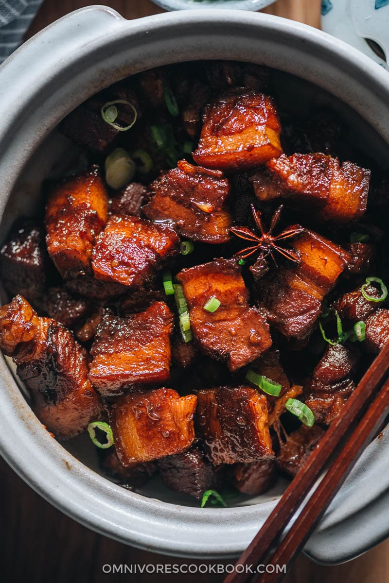 Hong Shao Rou | A Chinese classic. The tender, juicy pork is coated in a glossy sauce that is sticky, savory, sweet, and full of fragrance. It’s a perfect meal-prep dish to cook on a weekend and enjoy throughout the week. Red braised pork close-up