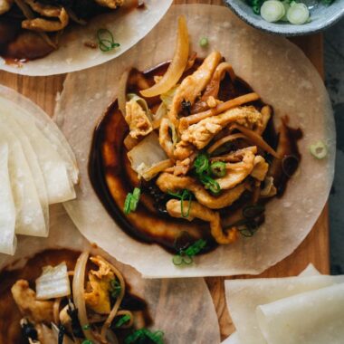 Moo shu chicken on moo shu wrapper