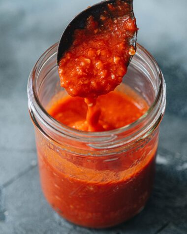 Homemade chili garlic sauce close up