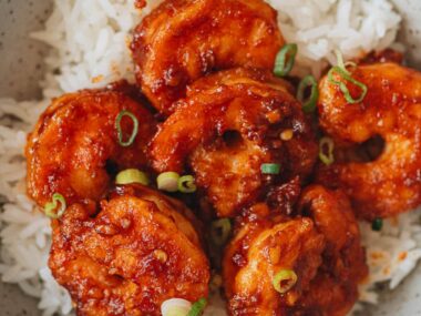 Shrimp in chili garlic sauce with rice close up