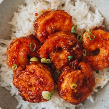 Shrimp in chili garlic sauce with rice close up