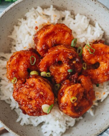 Shrimp in chili garlic sauce with rice close up