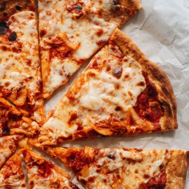 Homemade kimchi pizza close-up