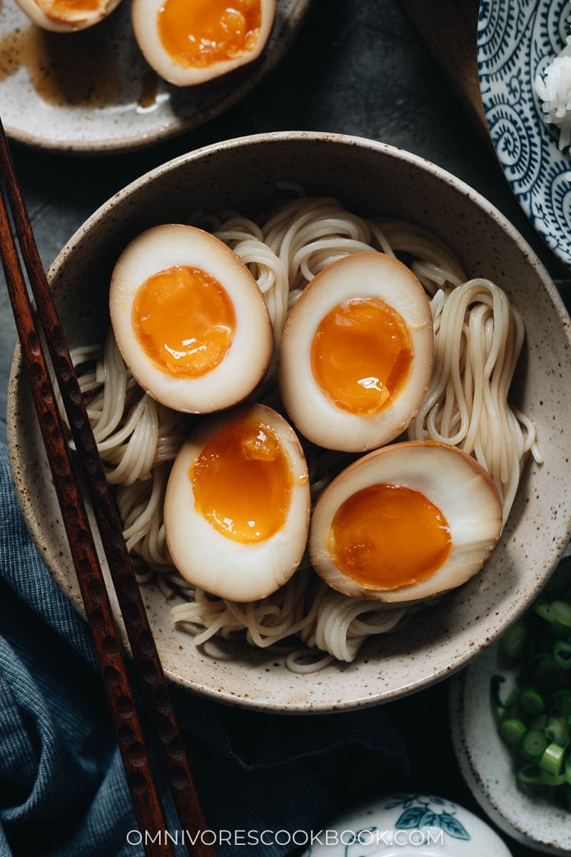 Marinated eggs on noodles