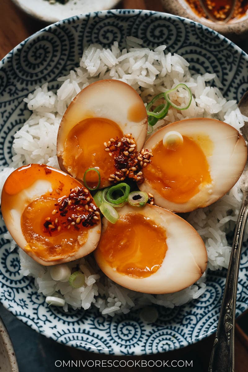 Homemade soy sauce eggs on rice