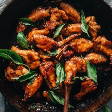 Three cup chicken in a pan