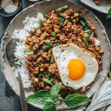 Pad krapow gai over rice
