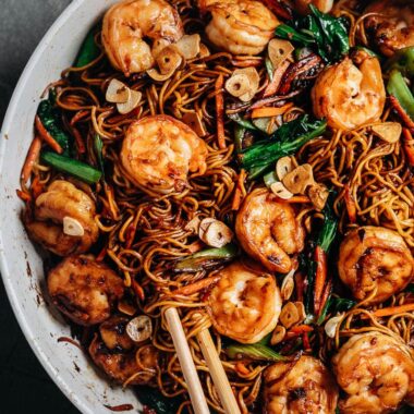 XO noodles with shrimp in a pan close-up