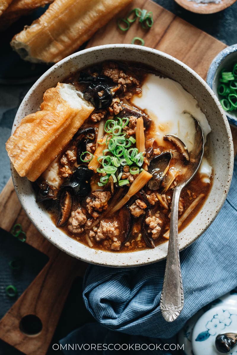 Northern Chinese savory tofu pudding (Dou Fu Nao) with gravy