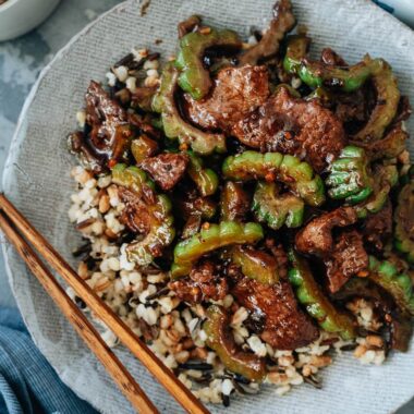 Bitter melon and beef stir fry on rice