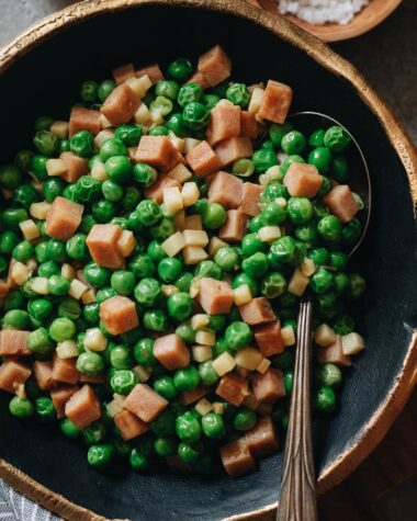 Green peas stir fry close up
