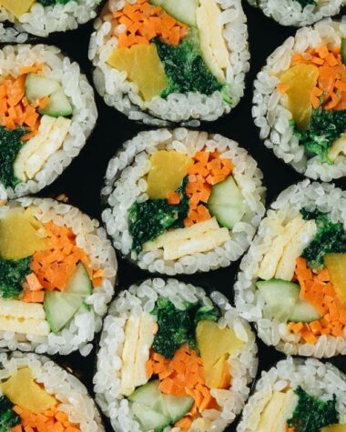Vegetarian Kimbap is a Korean classic featuring egg, rice, and veggies rolled in seaweed. It’s both refreshing and satisfying and perfect for an appetizer, snack, or picnic. {Gluten-Free, Vegan-Adaptable}