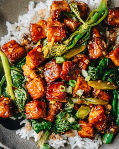 General Tso Tofu over rice close up