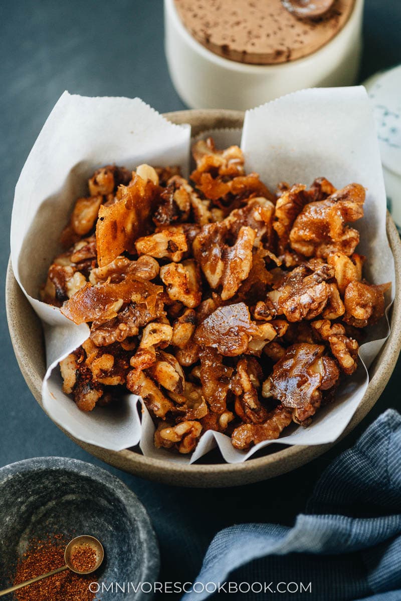 Homemade candied walnuts in a bowl