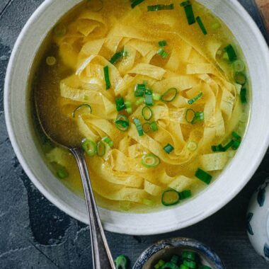 Vegan egg drop soup made with yuba sheet