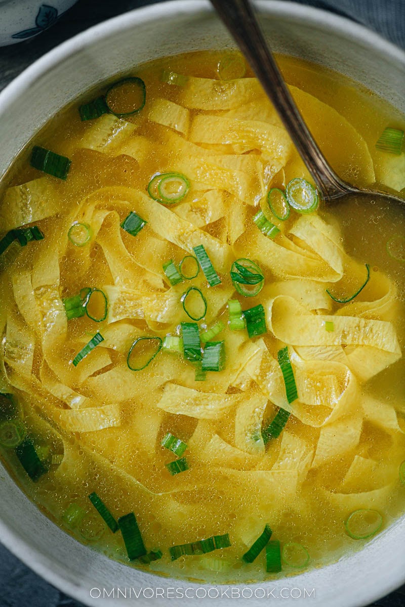 Vegan egg drop soup close up