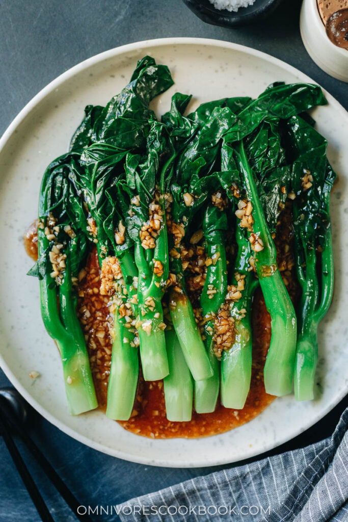 Chinese broccoli with oyster sauce close up