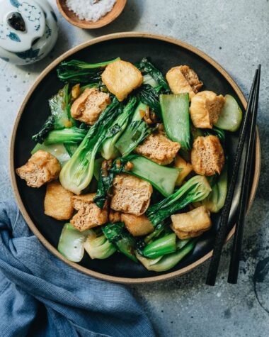 Stir fried bok choy with tofu puffs