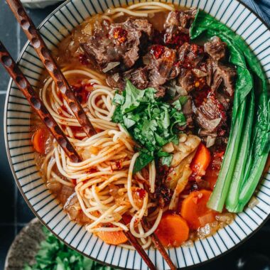 Beef shank noodle soup close up
