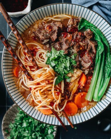 Beef shank noodle soup close up