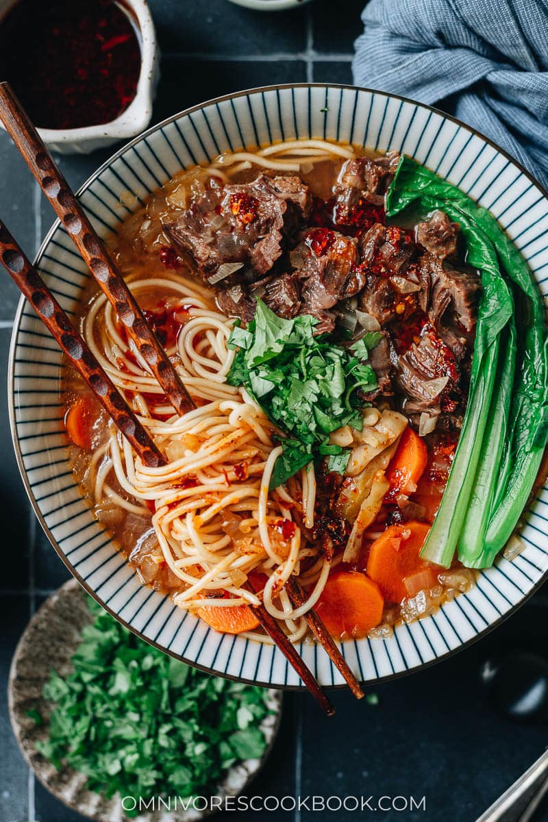 Beef shank noodle soup close up