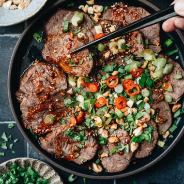 Chinese beef salad close up