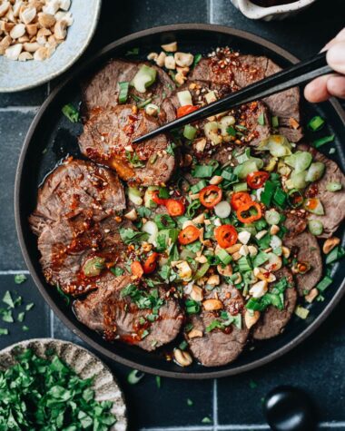Chinese beef salad close up