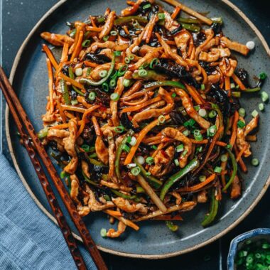 Shredded pork with garlic sauce on a plate