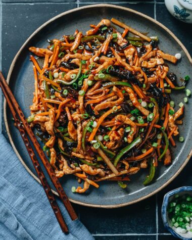 Shredded pork with garlic sauce on a plate